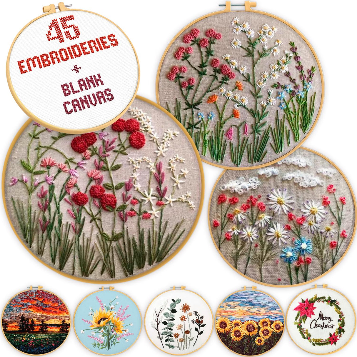 Univigo Embroidery Kit 3 Sets Embroidery Stitch Practice Kit for Handicraft Lover Cross Stitch Kits with Embroidery Cloth Hoop Color Threads Scissors Univigo