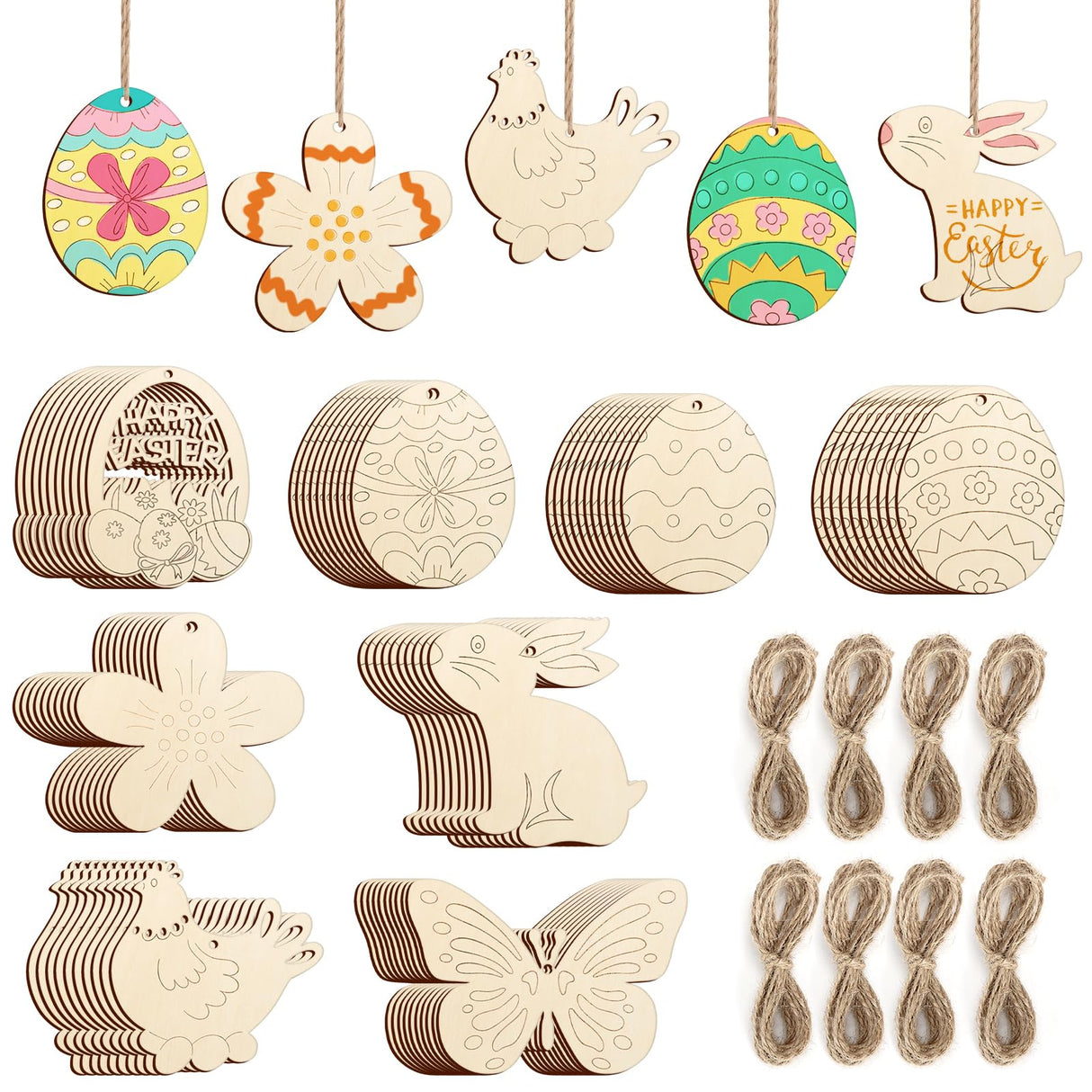 80PCS Wooden Easter Ornaments to Paint, 8 Styles DIY Blank Unfinished Wood Cutouts Ornament for Crafts Hanging Decorations, Egg Rabbit Bunny Sophena