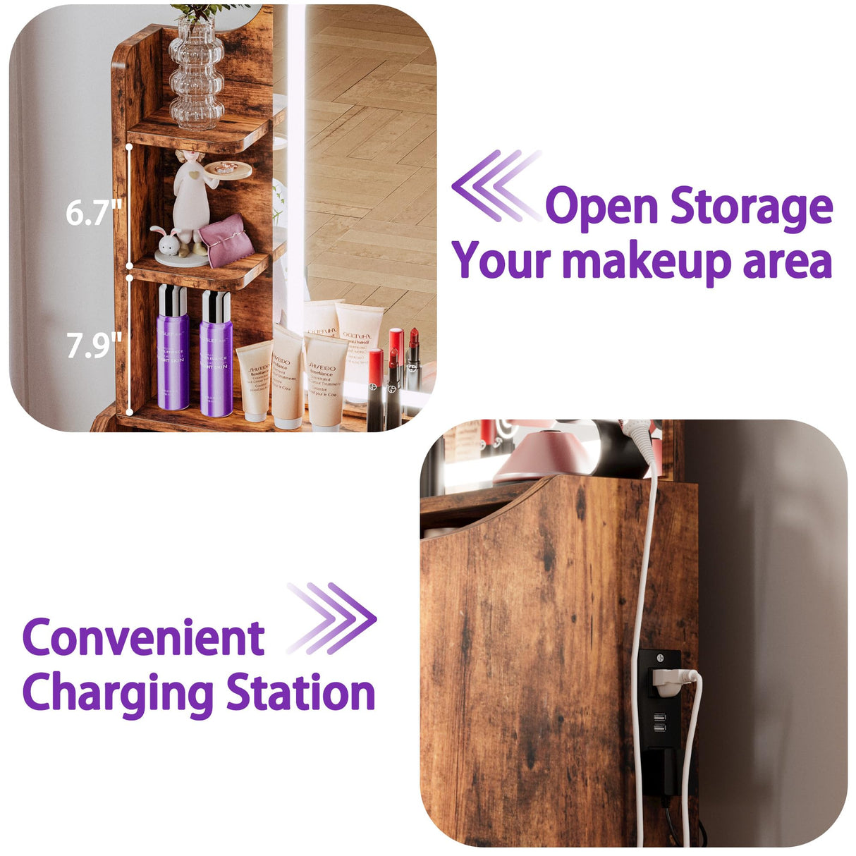 LIKIMIO Small Makeup Vanity Desk with Mirror and Lights, Vanity Table Set with Storage Drawer & Chair & 3 Shelves, Bedroom, Vintage Brown LIKIMIO