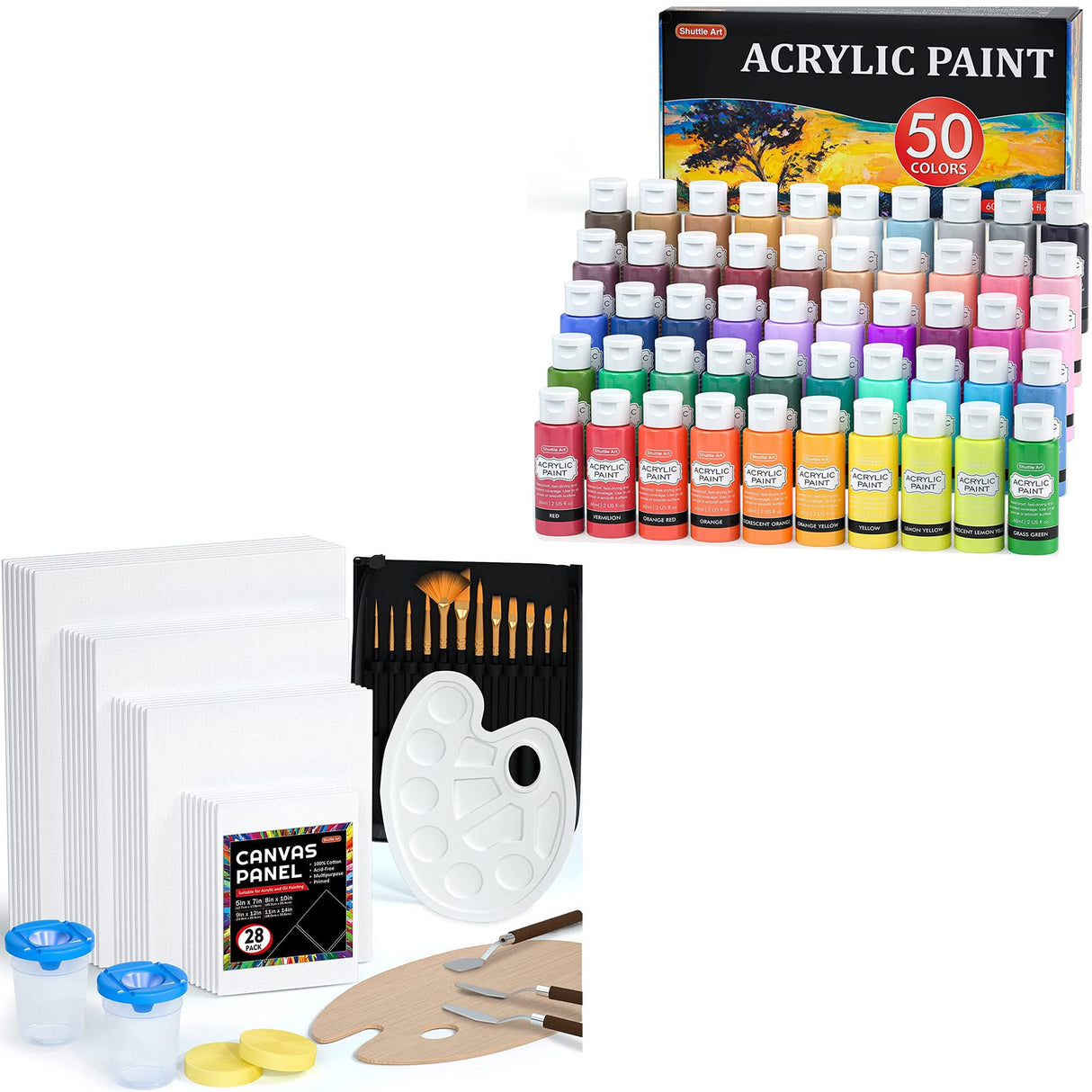 Shuttle Art Canvas Panels and Acrylic Paint Bundle, Art Painting Supplies Set for 50 Colors Acrylic Paint Bottles (60ml/2oz) & 50 Pack Canvas Shuttle Art