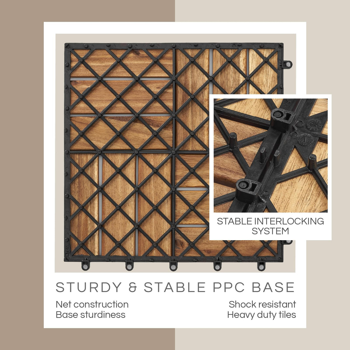 THYOI 10 Pcs Acacia Wood Deck Tiles 12" x 12", Deck Tiles Interlocking Outdoor All Weather, Patio Flooring Waterproof, Wood Patio Tiles for Indoor THYOI