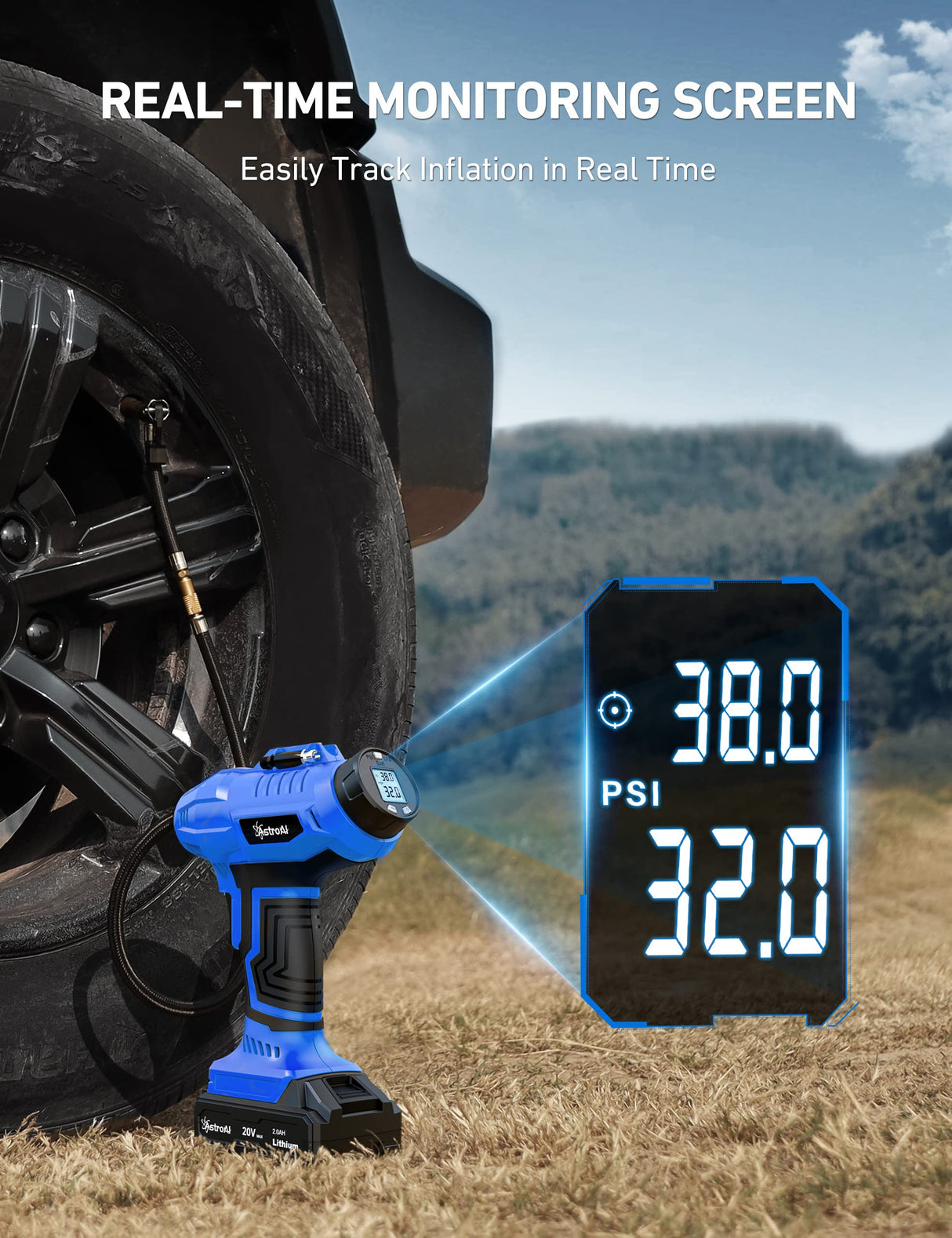 AstroAI Cordless Tire Inflator Air Compressor 20V Rechargeable Battery Powered 160PSI Portable Handheld Air Pump with 12V Car Power Adapter Digital AstroAI