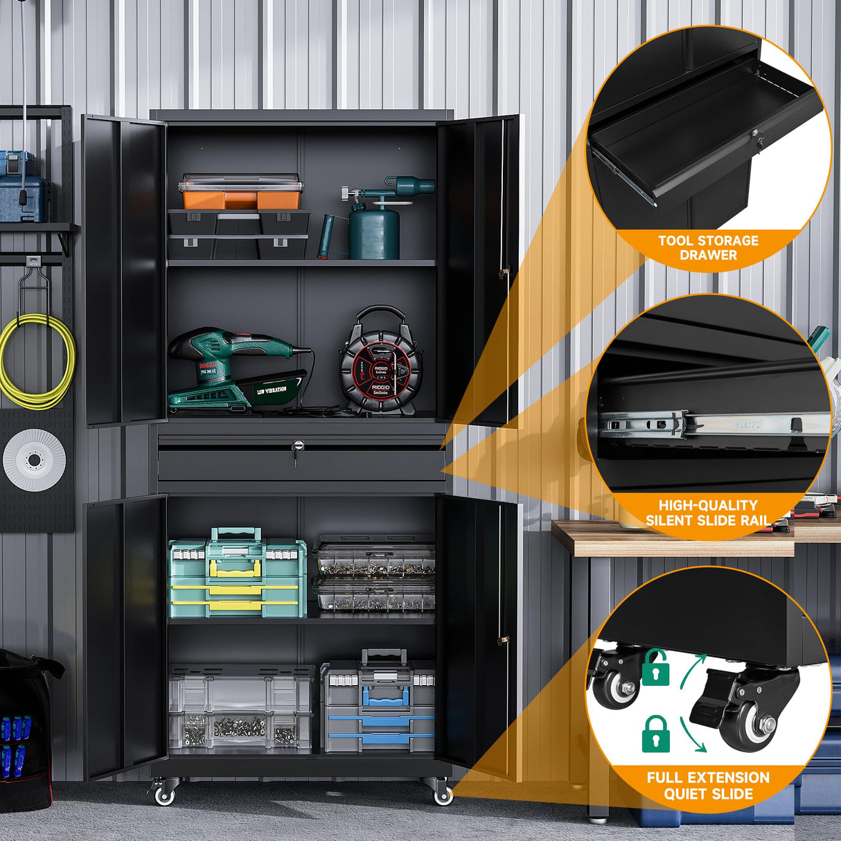 STANI Metal Garage Storage Cabinets with Drawer, 4 Doors Tool Storage Cabinet with 2 Adjustable Shelves, 72"-Rolling Steel Locking Cabinet for Garage STANI