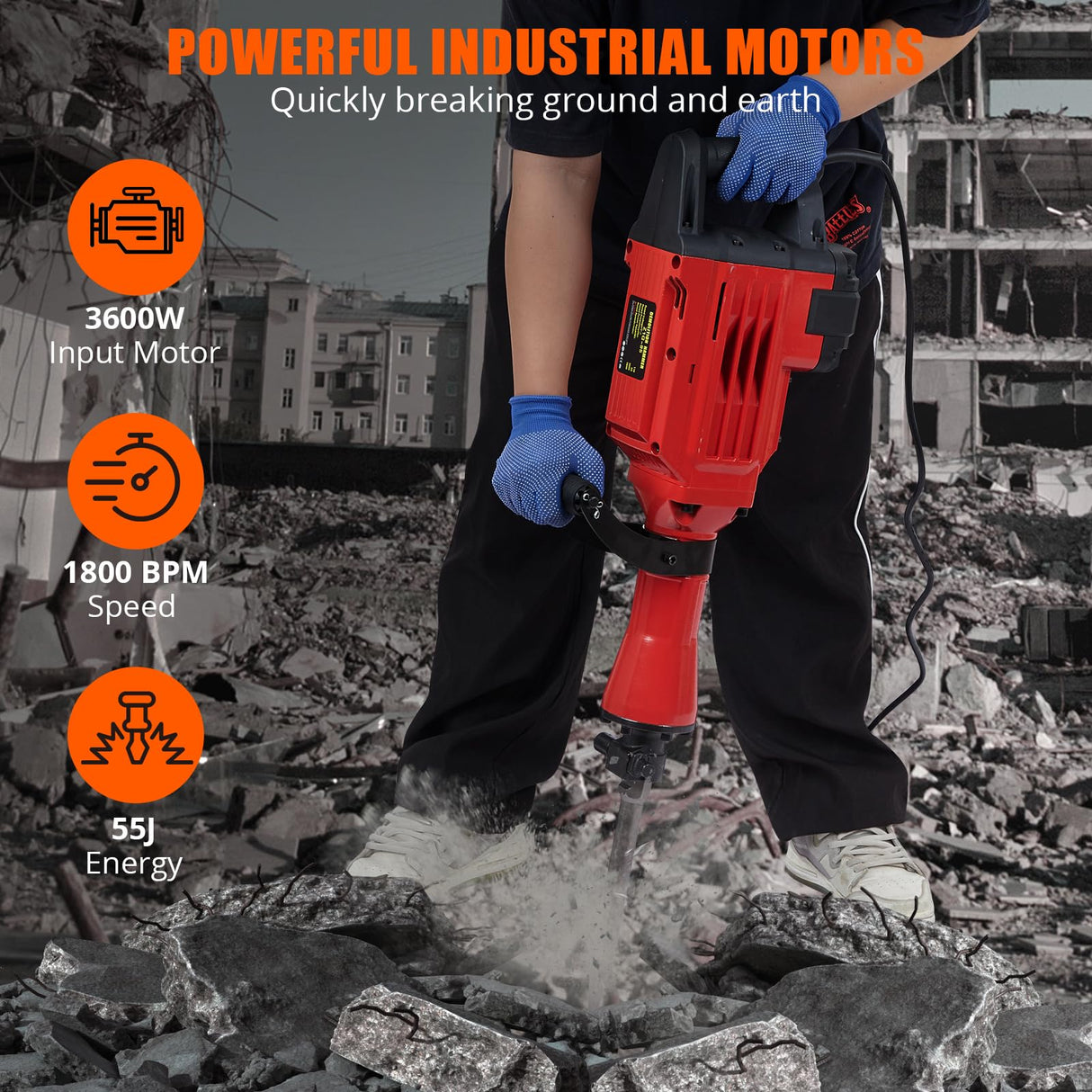 3600W Demolition Jack Hammer, Jack Hammer Concrete Breaker Tool Kit, 6pcs Chisels Bit Set W/Case, Noise-Canceling Earplug, Shoulder Strap Aprafie