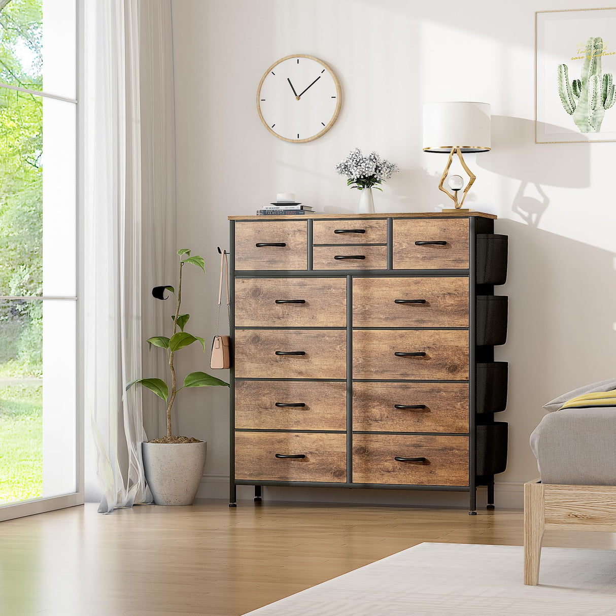 Lulive Dresser for Bedroom with 12 Drawers, Tall Dresser Chest of Drawers with Side Pockets and Hooks, Fabric Dresser Storage Tower for Closet, Lulive