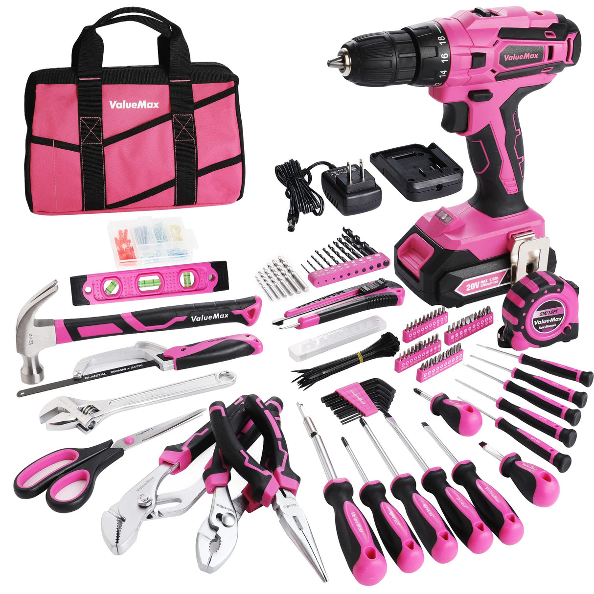 ValueMax Home Tool Kit with Drill, 238-Pieces Pink Tool Set with 20V Cordless Lithium-ion Drill, Power Tool Set with Wide Mouth Open Storage Bag, ValueMax