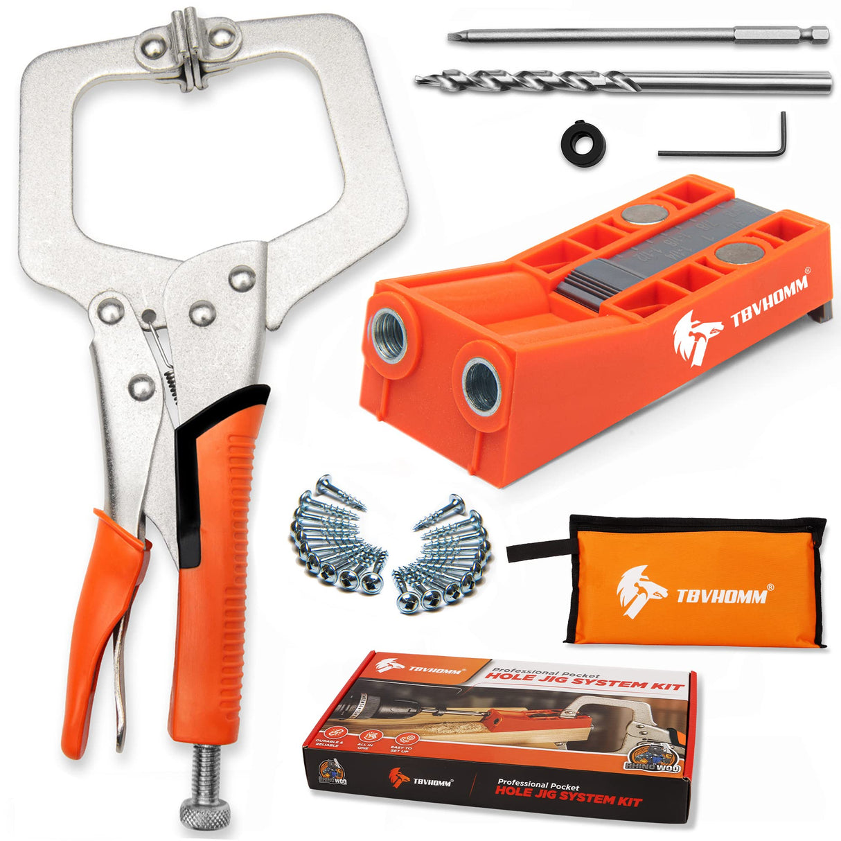 Pocket Hole Jig System Kit, Pocket Screw Jig with 11 Inch Clamp, Square Driver Bit, Hex Wrench, Depth Stop Collar, Step Drill Bit, Coarse Square TBVHOMM