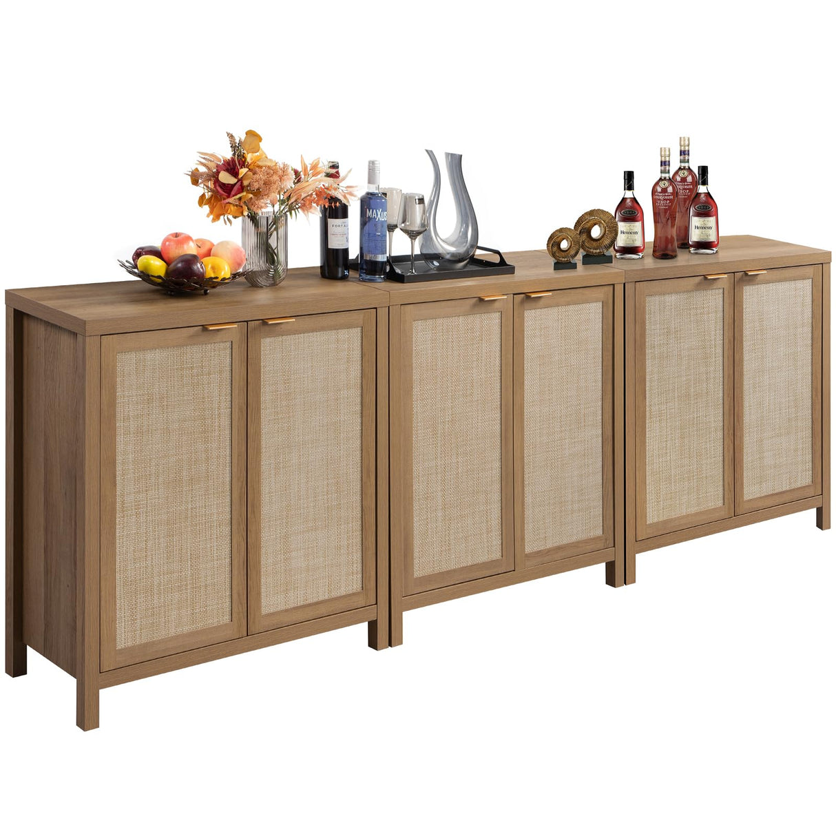 SICOTAS Sideboard Buffet Coffee Bar Cabinet - Boho Rattan Credenza Cabinet with Storage Rattan Decorated Doors - 3 Pieces Farmhouse Kitchen Storage SICOTAS