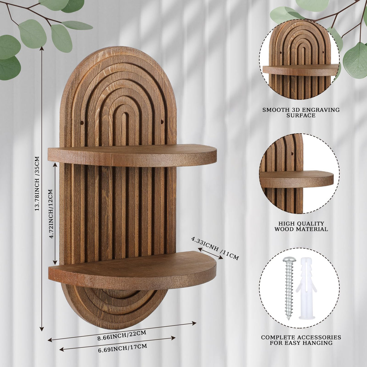 Wenqik 2 Pcs Boho 3D Arch Wooden Rainbow Wall Shelves Rustic Double Available Floating Hanging Shelf Mount Book Shelf Retro Holders for Nursery Wenqik