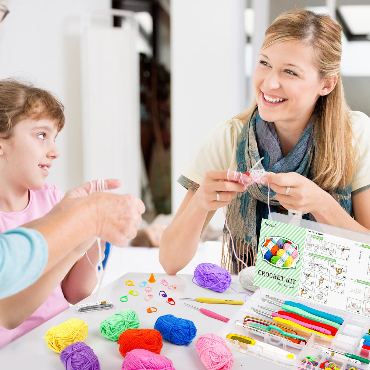 113 Piece Crochet with Yarn Set–1600 Yards Assorted Yarn 73PCS Crochet Accessories Set Including Ergonomic Hooks, Knitting Needles & More Ideal INSCRAFT