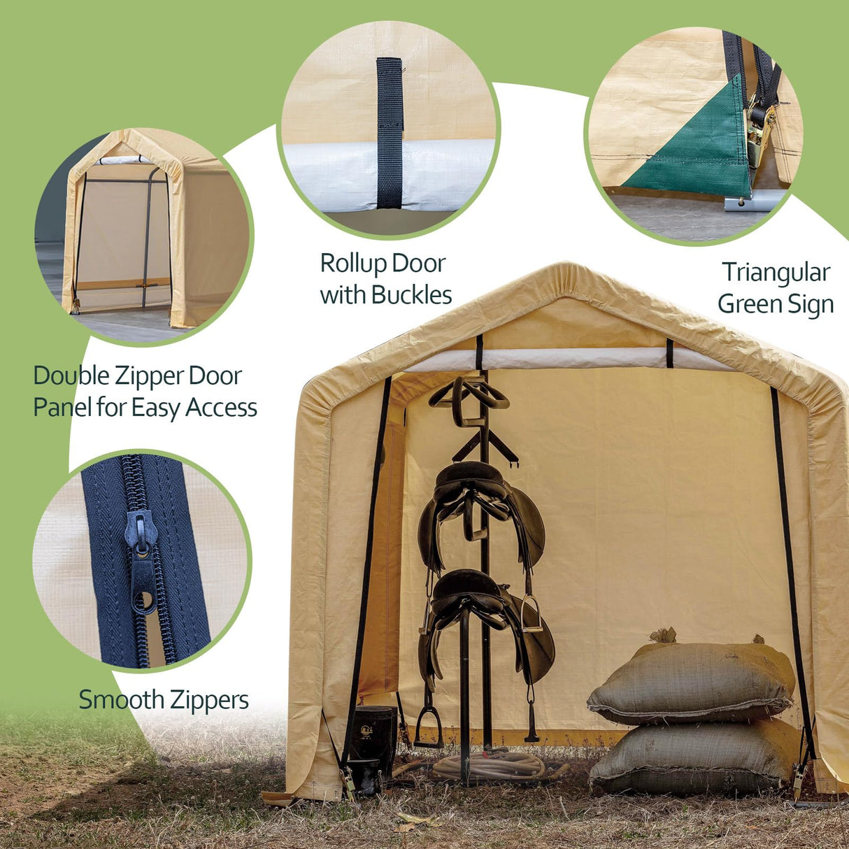 Weather Fast 6x6 Ft Heavy Duty Outdoor Storage Shed Shelter with Roll-up Zipper Door S-Hooks and Sandbags, Waterproof and UV Resistant Portable Weather Fast