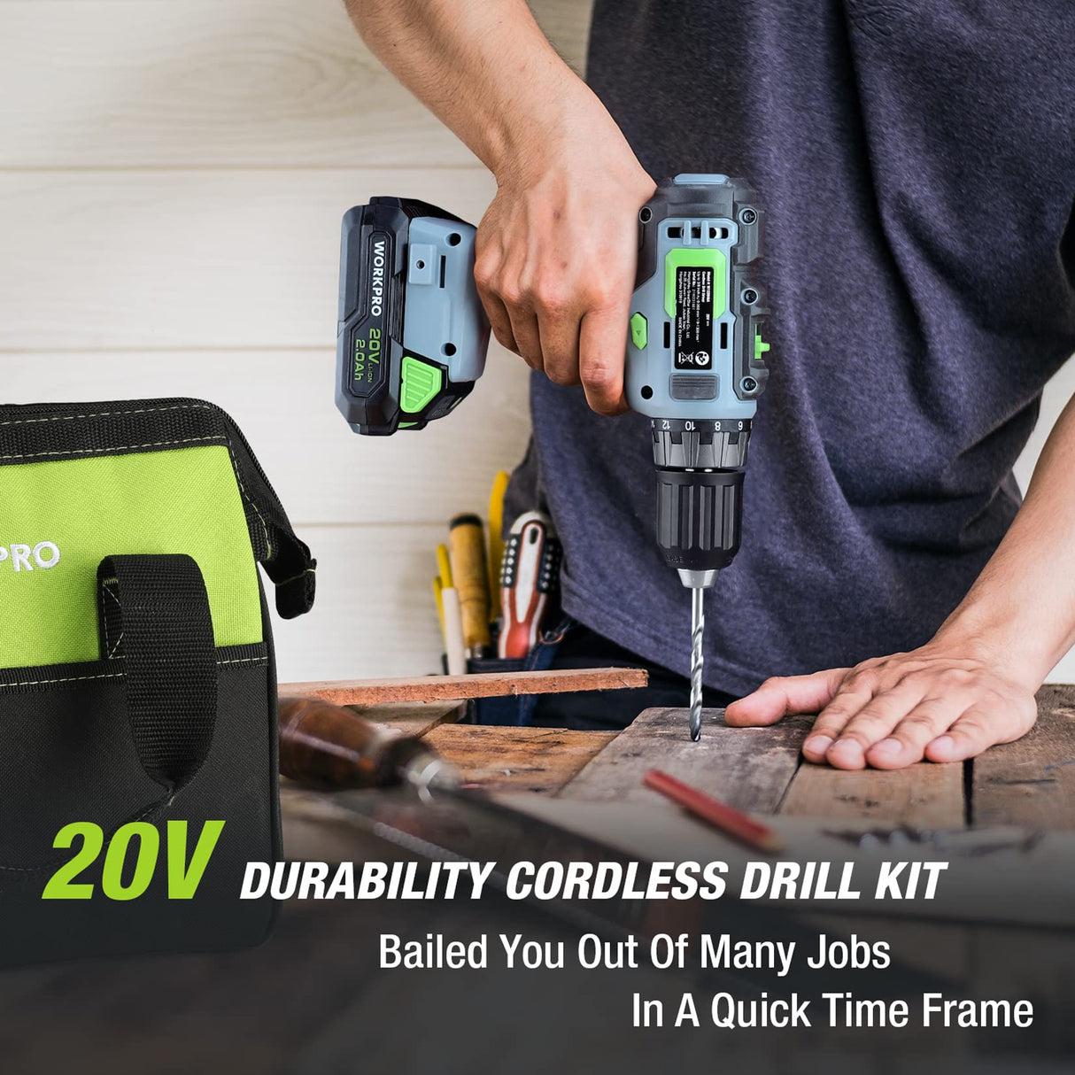 WORKPRO 20V Cordless Drill Driver Kit, 3/8'' Keyless Chuck, 2.0 Ah Li-ion Battery, 1 Hour Fast Charger and 11-inch Green Storage Bag Included WORKPRO