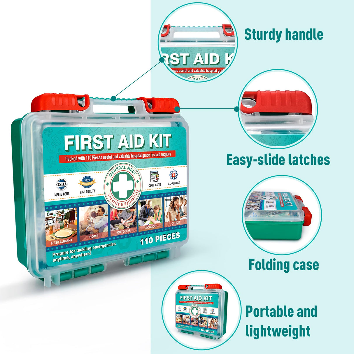 General Medi 110 Pieces Small First Aid Kit - HardCase First Aid Box - Contains Premium Medical Supplies for Travel, Home, Office, Vehicle, Camping, General Medi