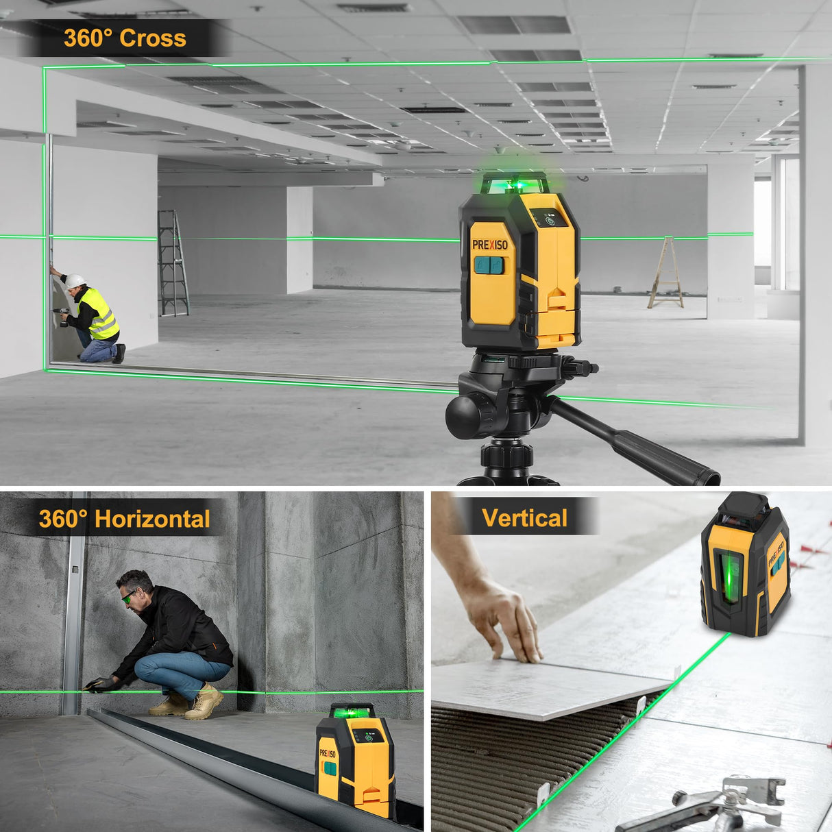 PREXISO 360° Laser Level with Tripod, 100Ft Self Leveling Cross Line Laser- Green Horizontal Line for Construction, Floor Tile, Renovation with Prexiso