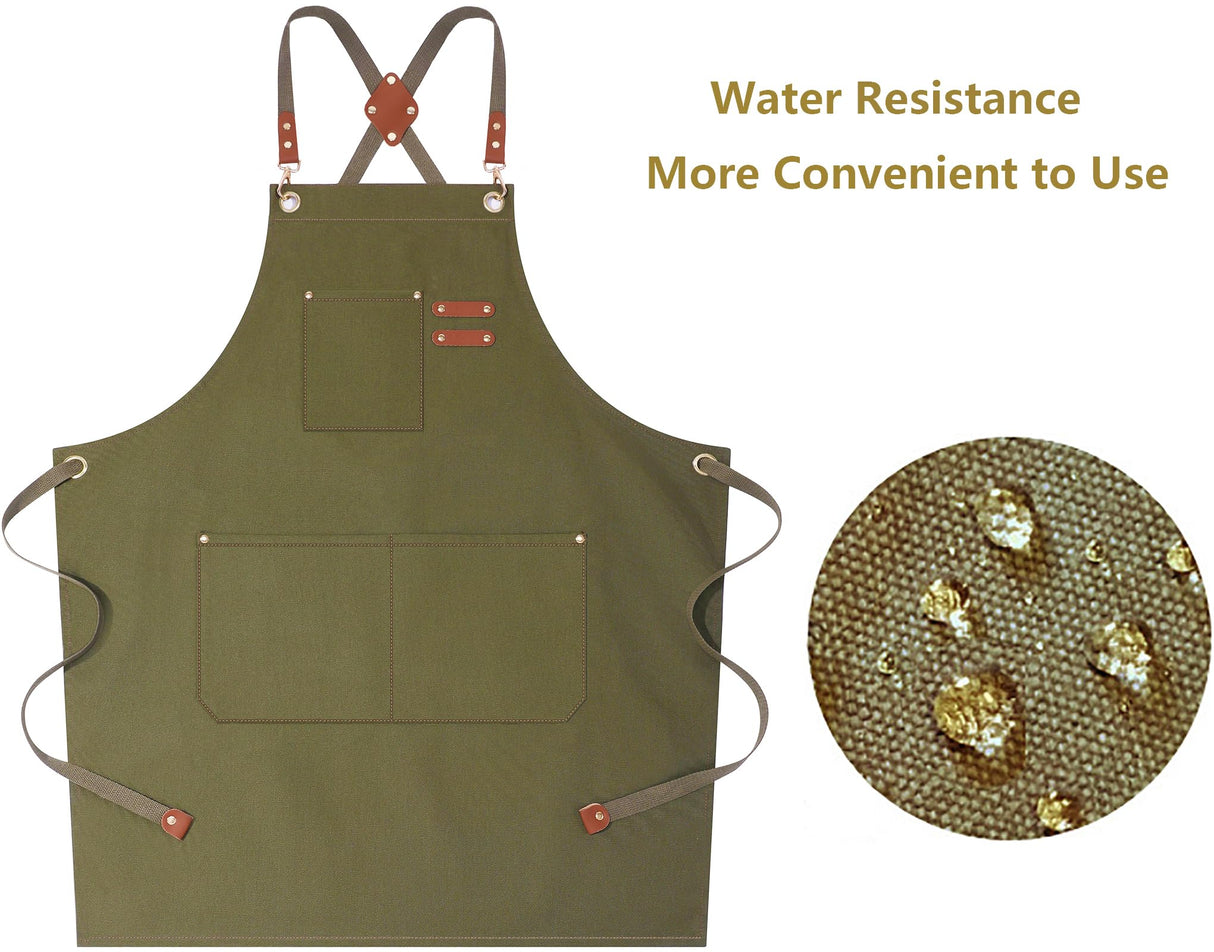 AFUN Chef Aprons for Women Men with Large Pockets, Cotton Canvas Cross Back Water Repellent Work Apron, Size M to XXL (Greygreen) AFUN