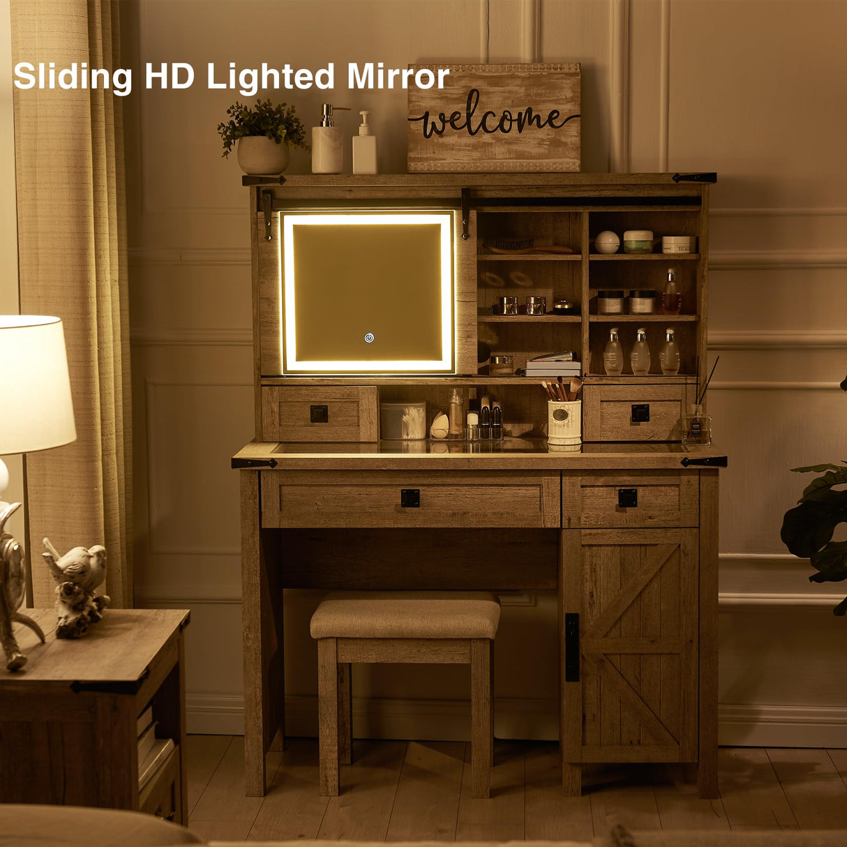 T4TREAM Farmhouse Makeup Vanity Desk with Sliding Mirror and Lights, 42'' Glass Tabletop Vanity Table with 2 Drawers & Shelves, Rustic Big Vanity Set T4TREAM