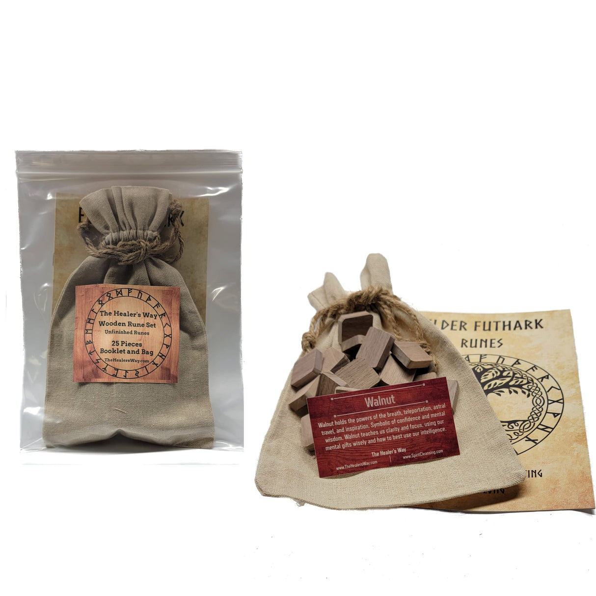 Wooden Runes Set Unfinished Blank Runes- Do it Yourself Kit - with Booklet - Elder Furthark Alphabet Viking Runes for Divination and Healing (Walnut) THE HEALER'S WAY