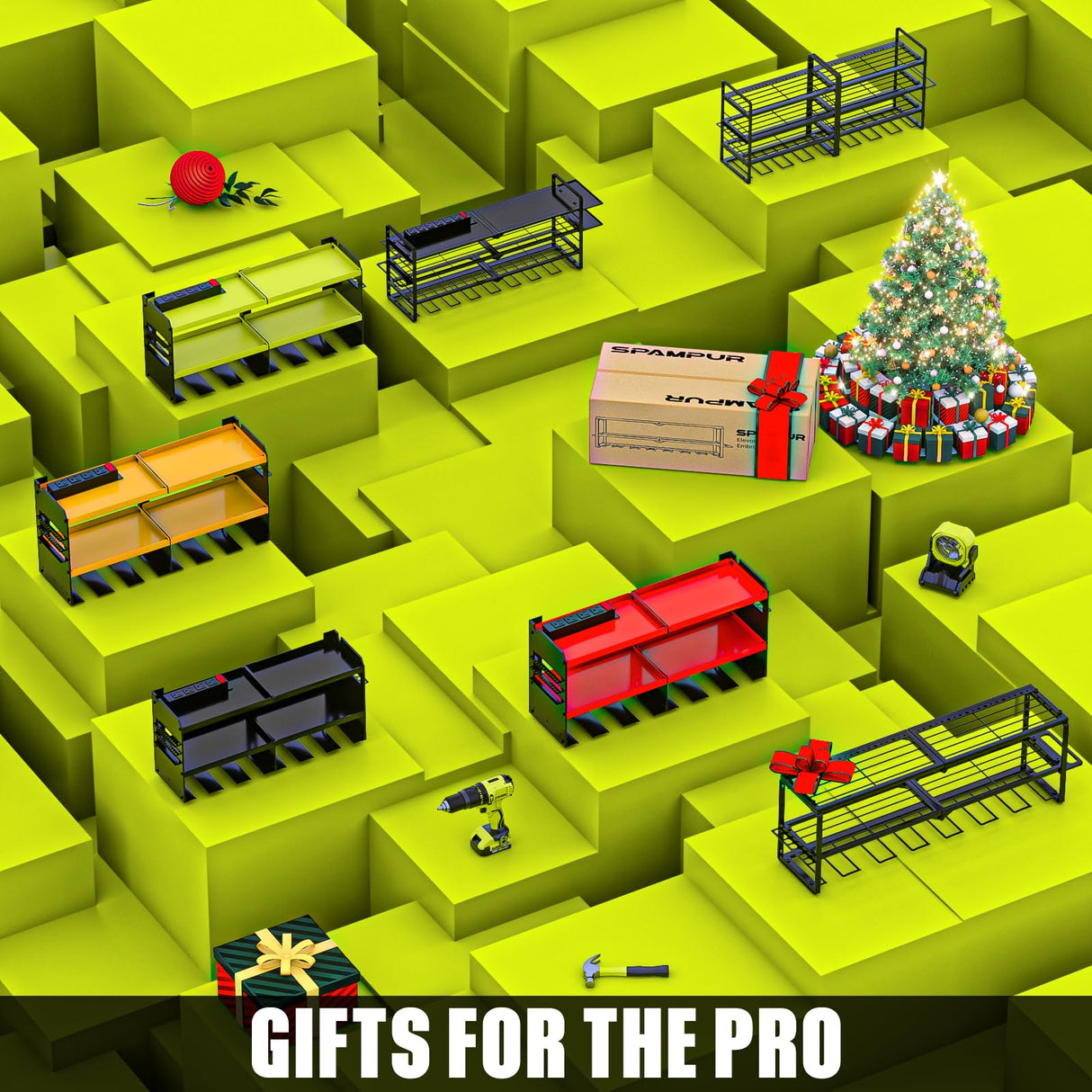 Spampur Power Tool Organizer Wall Mount with Charging Station, Tool Shelf 6 Drill Holders, Heavy Duty Metal Premium Garage Utility Rack, Cordless Spampur