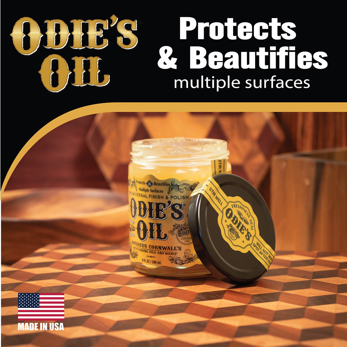 Odie's Oil • Universal Finish for Wood • Leather • Plastic • Vinyl • Metal and More • 9 Ounce Glass Jar • Food Safe and Solvent Free Non Toxic Finish ODIE'S