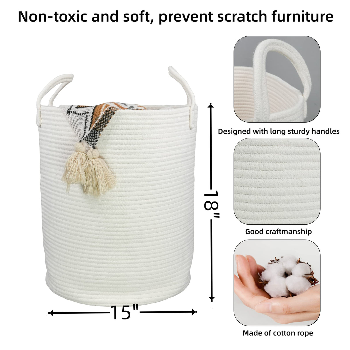 XUANGUO Cotton Rope Laundry Basket Hamper for Clothes Decorative Woven Storage Basket for Living Room Bedroom Boho Tall Rope Baskets for Blanket Toys XUANGUO