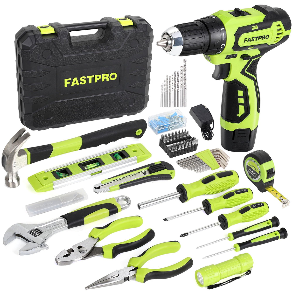 FASTPRO 160-Piece Home Tool kit with Drill, 12V Cordless Lithium-ion Drill Driver and Household Repairing Tool Set with Storage Case, For DIY, Home FASTPRO