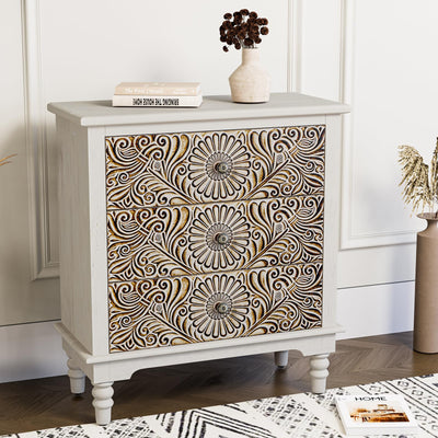 HOMPUS End Table w Flower Pattern, Nightstand w 3 Storage Drawers, Small Night Stand w Wood Grain Finish, Accent Table Side Table, Small Chest