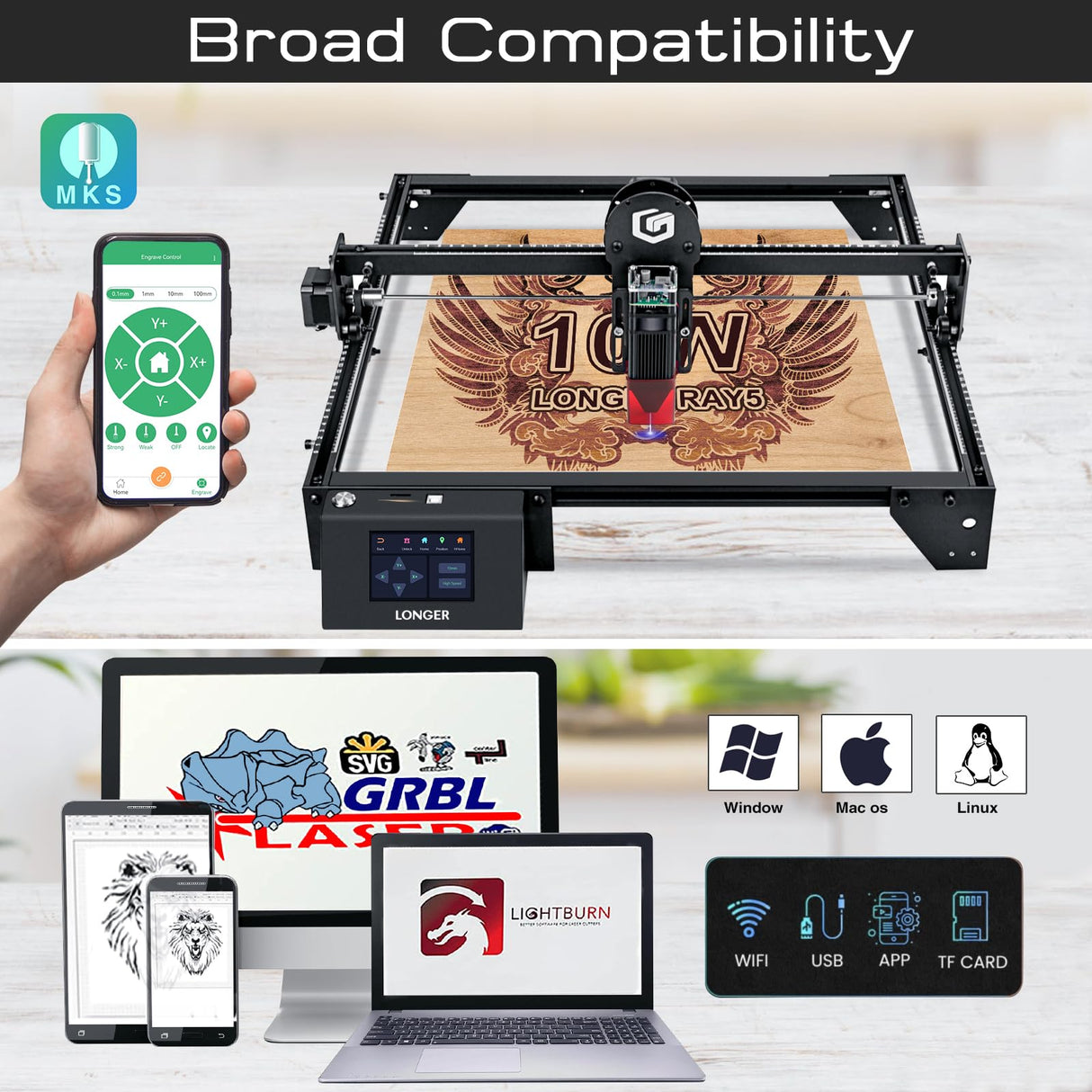 Official LONGER RAY5 Laser Engraver,10W Laser Engraving Machine with 3.5 inch Touch Screen,60W DIY Laser Cutter for Custom Design,Laser Engraver for Longer