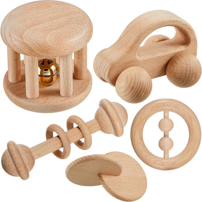 5 Pieces Wooden Baby Toys Wooden Toys for Babies 0-6-12 Months Wood Toys Rattles with Bells Montessori Wood Baby Push Car Wooden Newborn Toy for