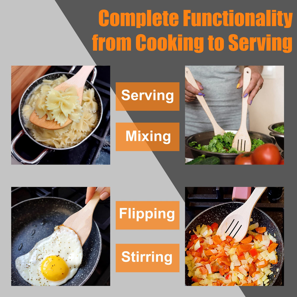 ECOSALL Healthy Wooden Spoons For Cooking Set of 6. Safe and Reliable Cooking Utensils for Kitchen – 100% Natural Nonstick Wood Spatula Spoon For ECOSALL