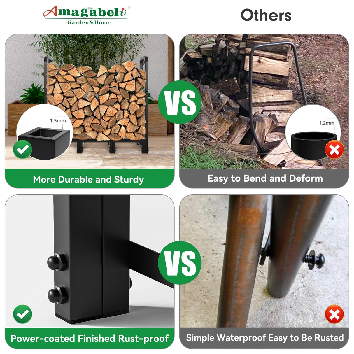 AMAGABELI GARDEN & HOME 4ft Firewood Log Rack Outdoor Indoor Heavy Duty Wrought Iron Fire Wood Holder Outdoors Stand Tubular Wood Pile Lumber Storage AMAGABELI GARDEN & HOME