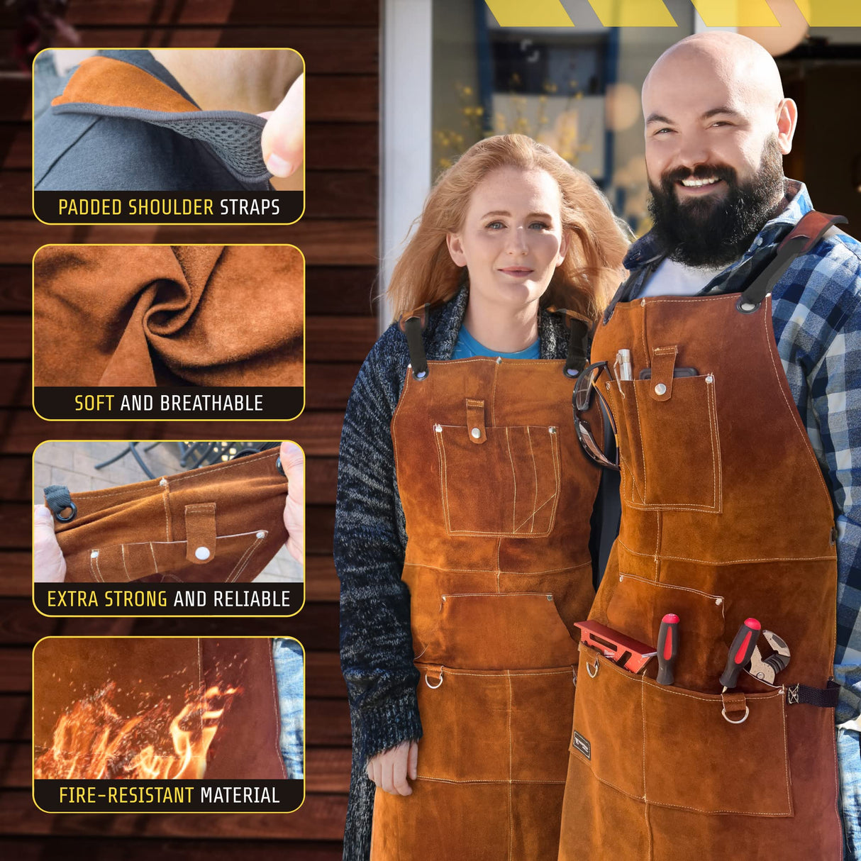 FIGHTECH® Leather Work Apron with Tool Pockets For Welding w Kevlar Stitching | Woodworking Shop | Adjustable M-XXL (Brown, Leather) FIGHTECH