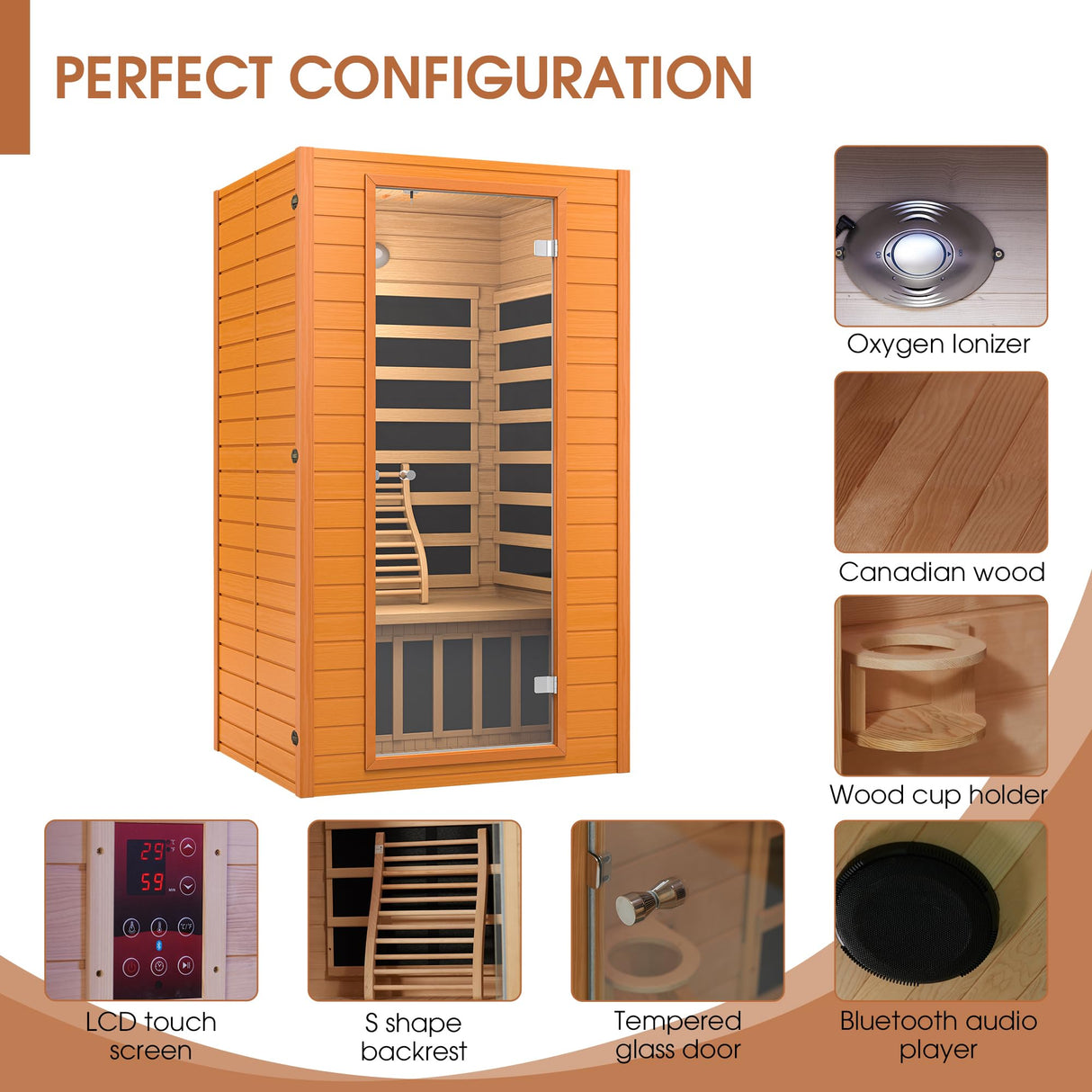 springspa Far Infrared Sauna Room, Near Zero EMF Canadian Hemlock Wood Sauna with 1600W, 9 Chromo Therapy Lights, Oxygen Ionizer, Bluetooth, LCD springspa