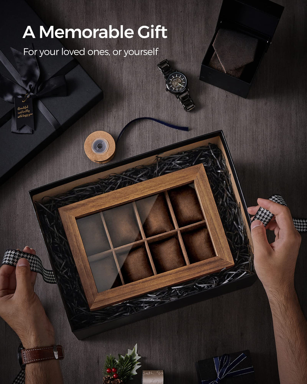 SONGMICS 8-Slot Watch Box, Christmas Gifts, 2-Tier Watch Display Case with Large Glass Lid, Removable Watch Pillows, Velvet Lining, Jewelry Box, Gift SONGMICS