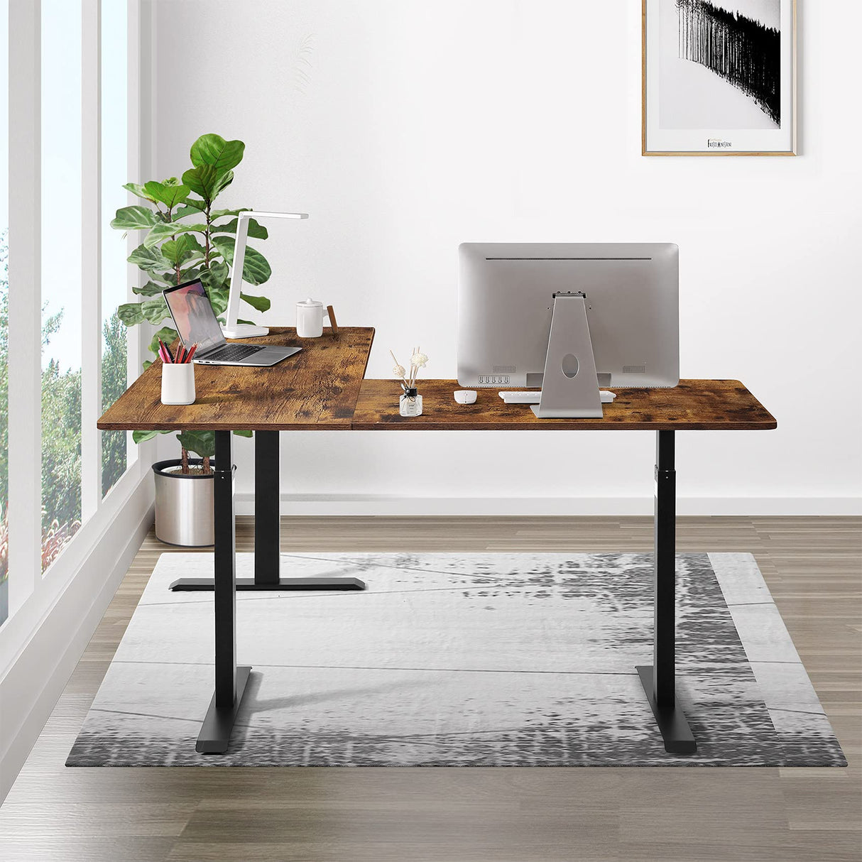 UNICOO – L Shaped Crank Height Adjustable Standing Desk, Sit to Stand up Corner Desk, L-Shaped Standing Workstation (Black Frame/Rustic Brown Top- L UNICOO
