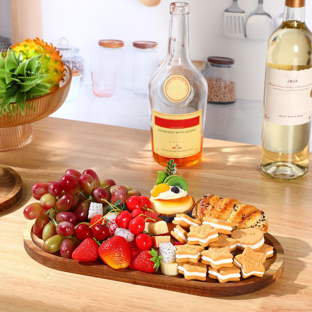 Yaomiao 4 Pcs Acacia Wooden Serving Tray Oval Shaped Rustic Wood Plates Large Decorative Natural Wooden Tray Wooden Serving Platter for Food Yaomiao