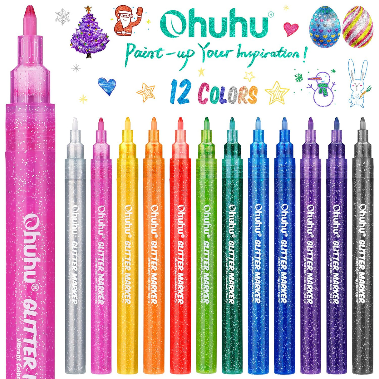 Ohuhu Glitter Markers Pen 12 Glitter Colors Metallic Shimmer Marker Fine Point Tip Water-based Ink for Kids Adults DIY Crafts Greeting Birthday Cards Ohuhu
