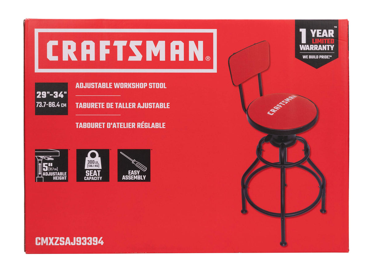 Craftsman Adjustable Height Work Shop Stool, 29 to 34-inches Tall, Rip-Resistant Padded Vinyl Seat, 300-lb Capacity, 360-degree Footrest, Non-Marring Craftsman