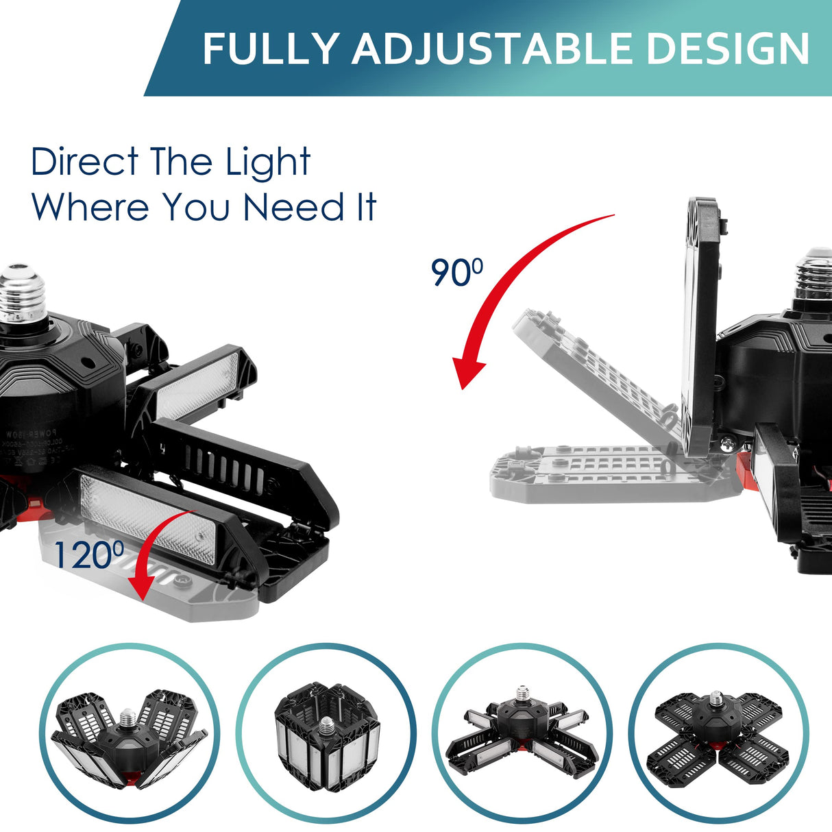 LED Garage Light - 1 Pack - Super Bright 1800 Lumen LED Ceiling Light with 12 Adjustable Panels - Easily Screws Into Standard E27 Bulb Socket - LED Asani