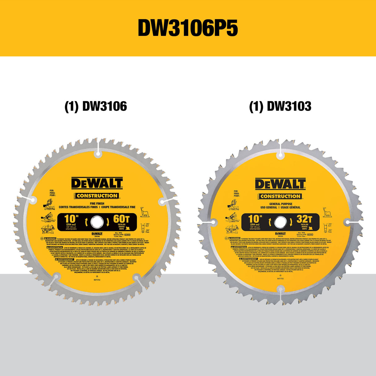 DEWALT 10-Inch Miter / Table Saw Blades, 60-Tooth Crosscutting & 32-Tooth General Purpose, Combo Pack (DW3106P5) DEWALT