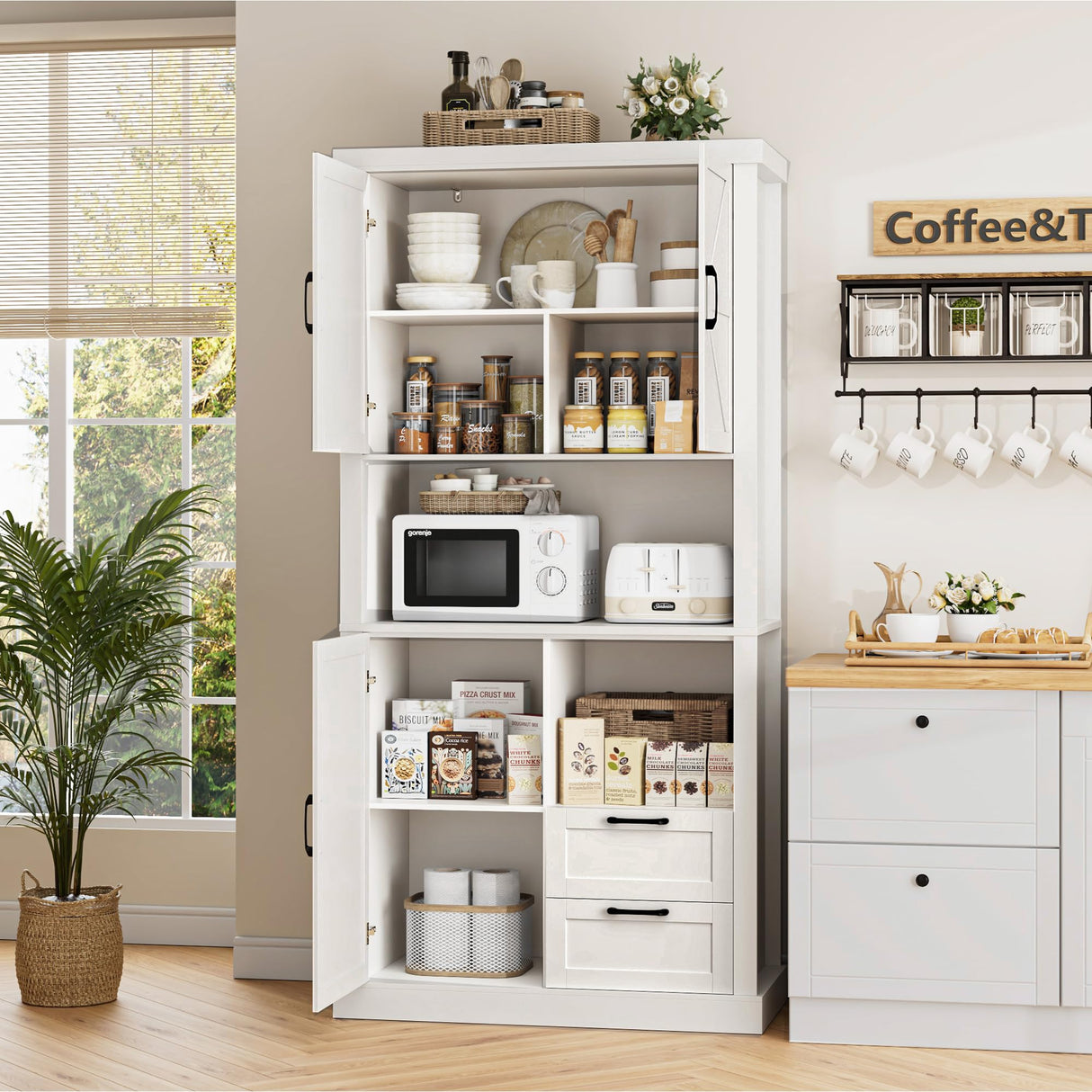 HOSTACK 76" Tall Farmhouse Kitchen Pantry Cabinet, Kitchen Hutch Bar Cabinet with Drawers & Shelves, Large Wood Storage Cabinet with Barn Doors & HOSTACK