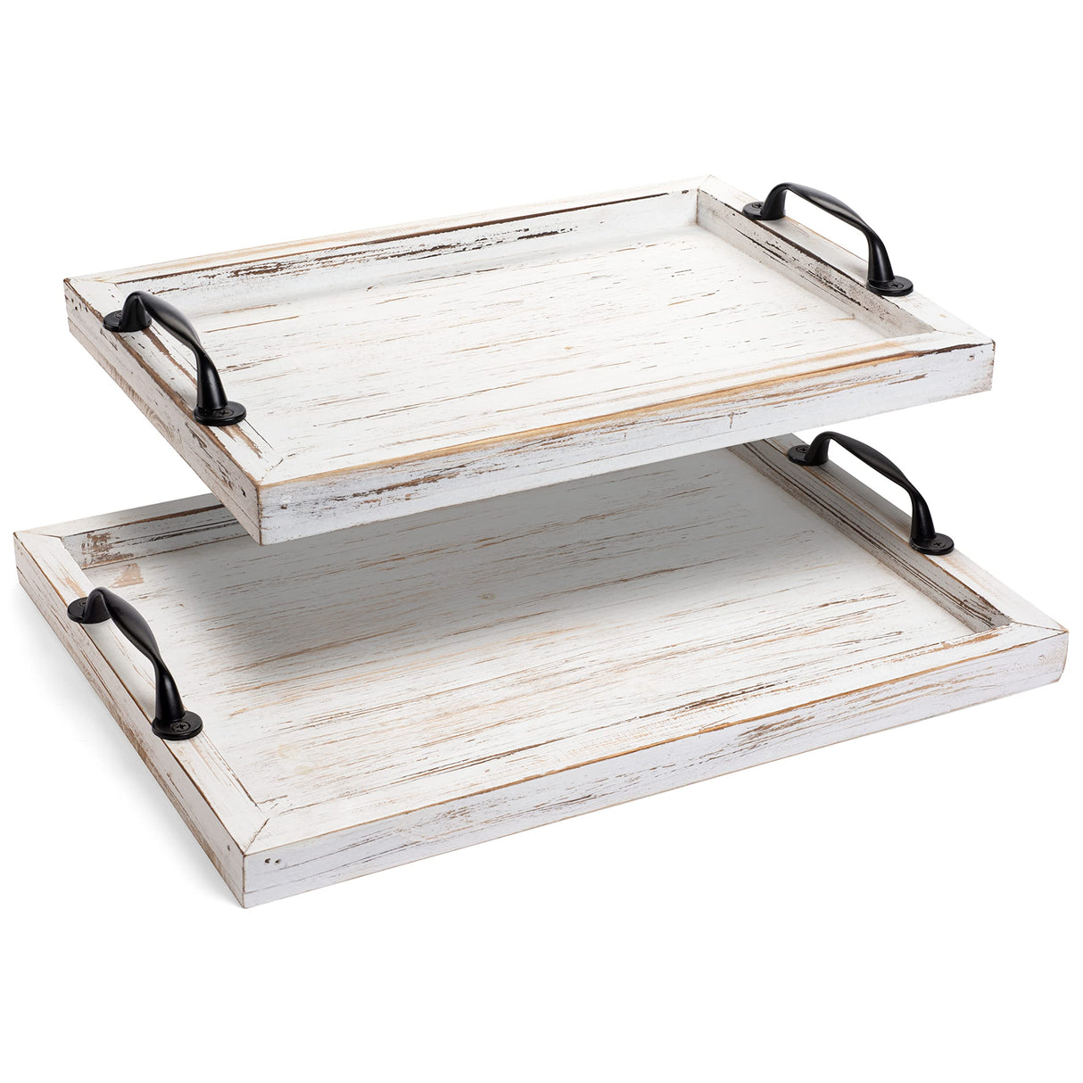 Rustic Serving Tray with Handles - 2 Nesting Trays for Serving Food - Wooden Tray for Decor, Coffee Table & Ottoman - Large Serving Tray with Gennua Kitchen