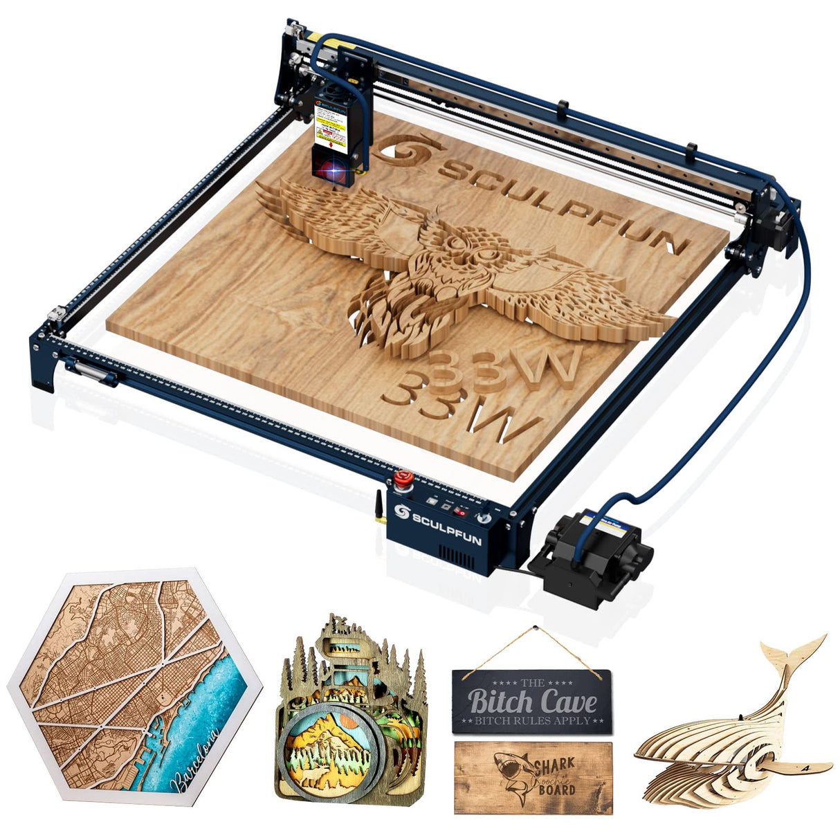 SCULPFUN S30 Ultra 33W Laser Engraving Machine, Interchangeable Lens Design, Laser Engraver for Wood and Metal with Air Assist M8 Main Board(600 * SCULPFUN