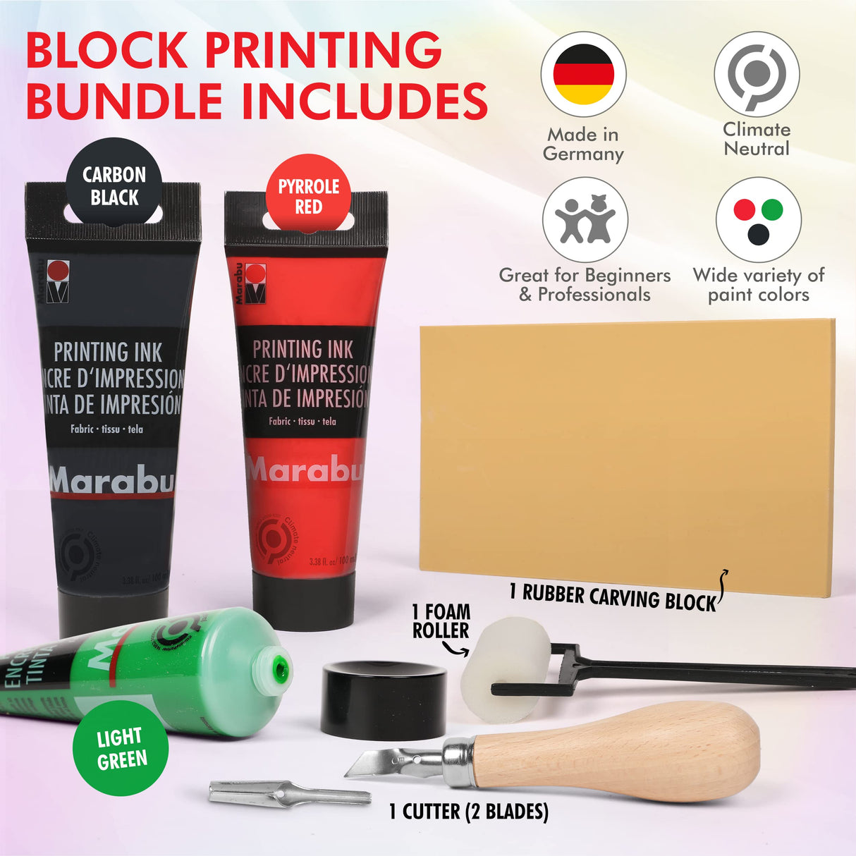 Marabu Block Printing Kit - Linocut Kit with 3 x 100ml Block Printing Ink, Cutter, Rubber Block, and Block Printing Brayer Roller - Linoleum Marabu
