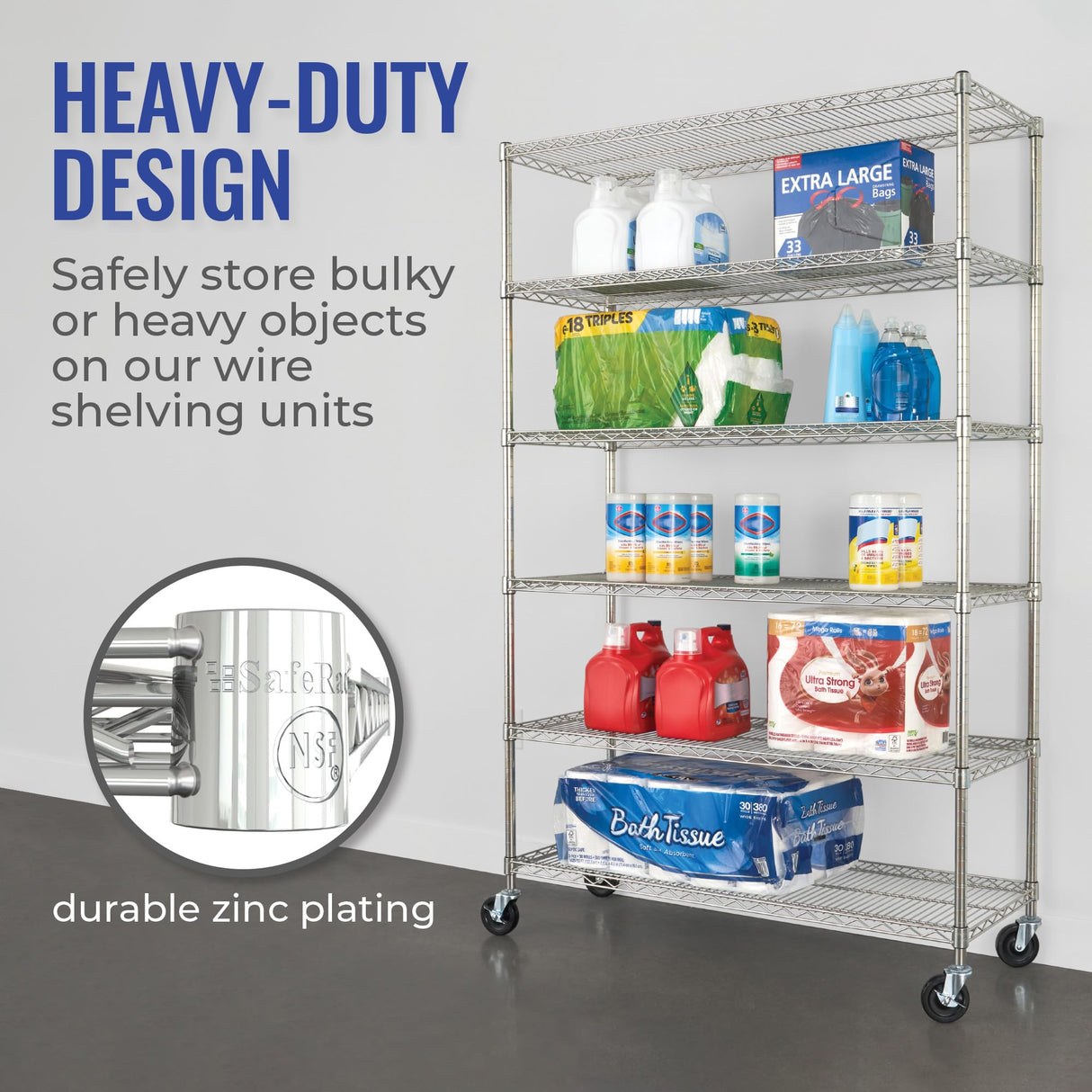 Heavy-Duty NSF Certified SafeRacks Storage Shelves with Wheels - Adjustable Steel Wire Shelving Unit SafeRacks