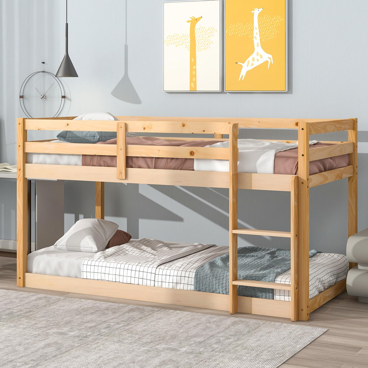 CNANXU Twin Low Bunk Bed - Space-Saving Wood Loft Bed for Kids with Ladder and Full Length Guardrail CNANXU