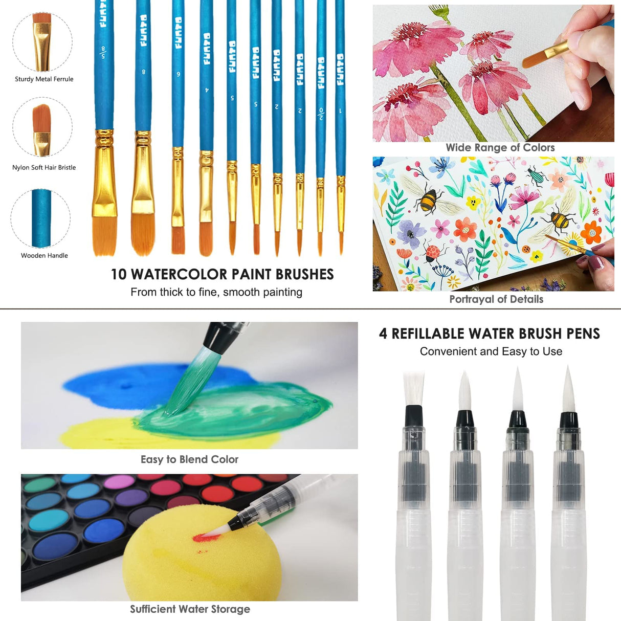 Funto Watercolor Set, 48 Color Paint Set, 10 Brushes, 4 Refillable Water Brush Pens, 30 Page Pad(9"x12"), Masking Tape, Sponge, Palette, Painting Kit Funto