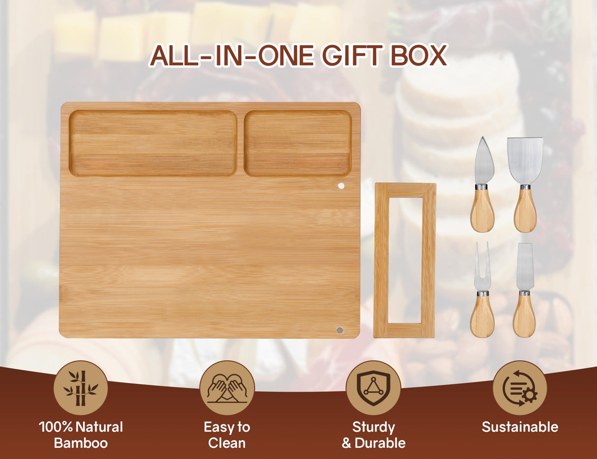 Easoger Cheese Board and Knife Set - Extra Large Charcuterie Boards with Magnetic Knife Holder, Cheese Platter Gift for Christmas, House Warming, Easoger