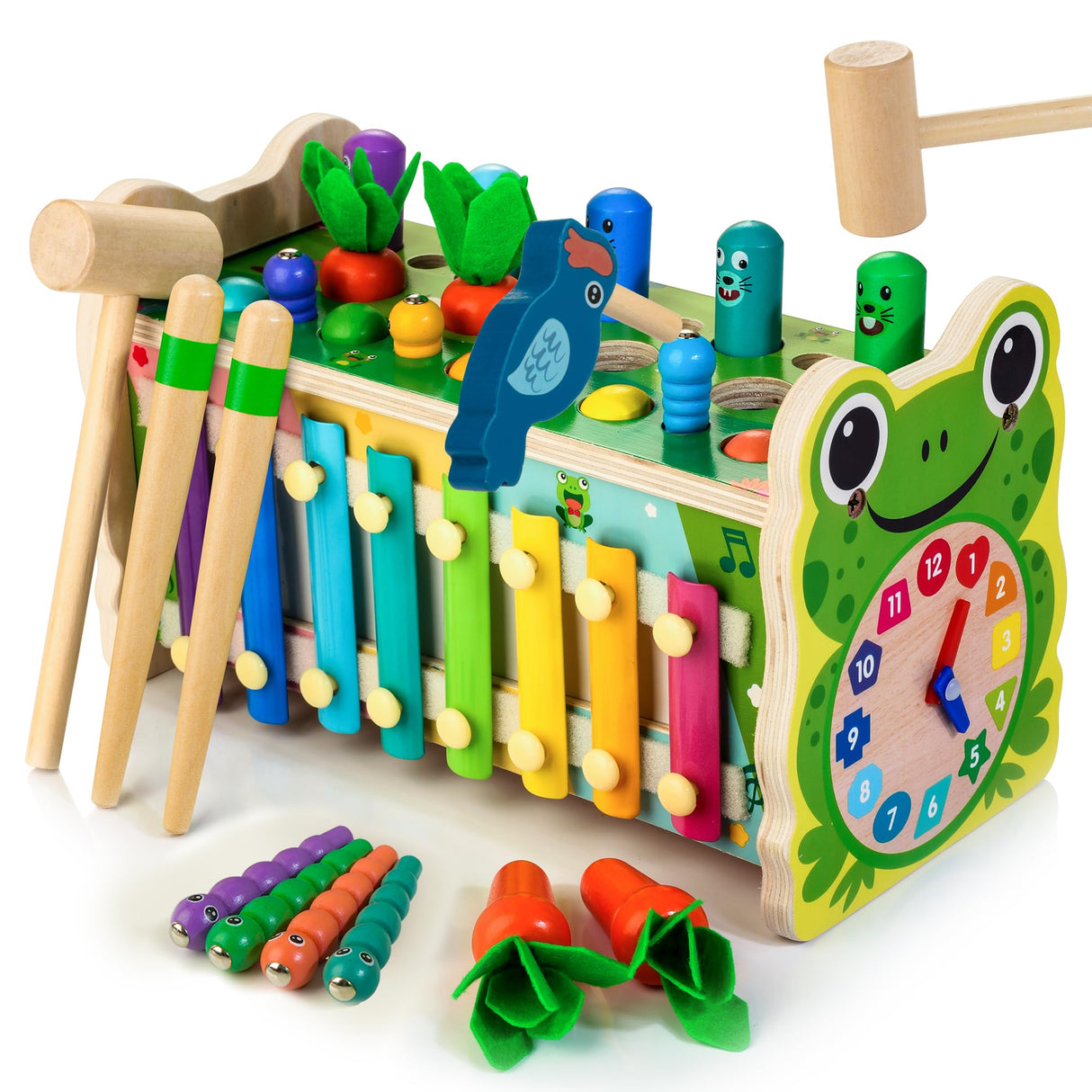 6 in 1 Wooden Montessori Toys for 1 Year Old Whack a Mole Game Hammering Pounding Toy with Xylophone Carrot Harvest Game Learning Developmental Toys Amtreen
