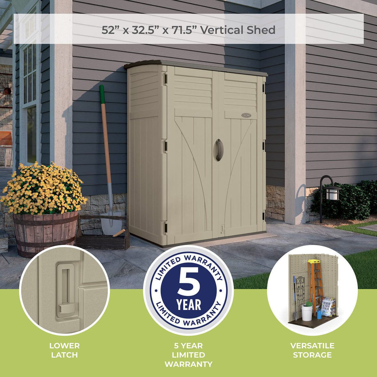 Suncast 54 Cubic Feet Vertical Storage Shed with Durable Plastic Construction, Multiple Wall Panels and Ample Space for Outdoor Storage Suncast