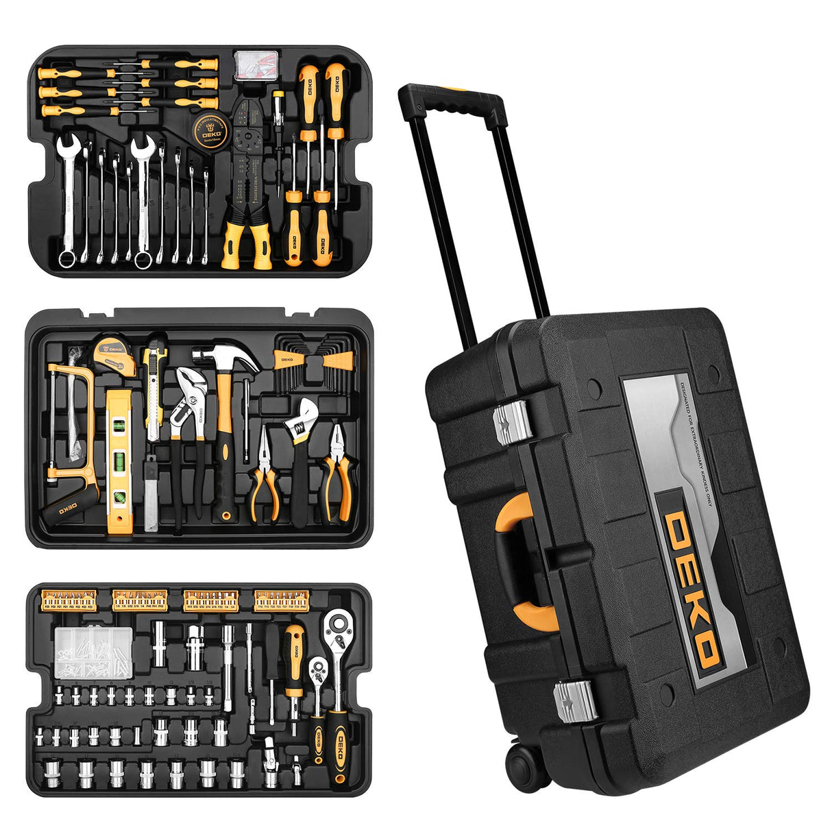 DEKOPRO 258 Piece Tool Kit with Rolling Tool Box Socket Wrench Hand Tool Set Mechanic Case Trolley Portable DEKOPRO